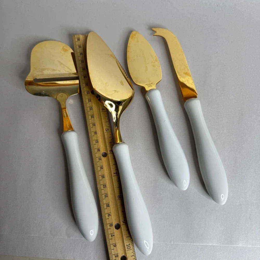 Vtg Christmas Holly Gold Cheese Knife Pie Set 4pc Stainless Steel Japan Holiday